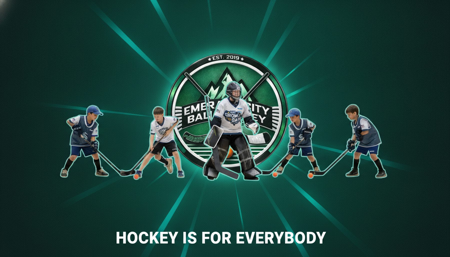 Emerald City Ball Hockey League players lined up in front of the ECBH crest — Hockey Is For Everybody
